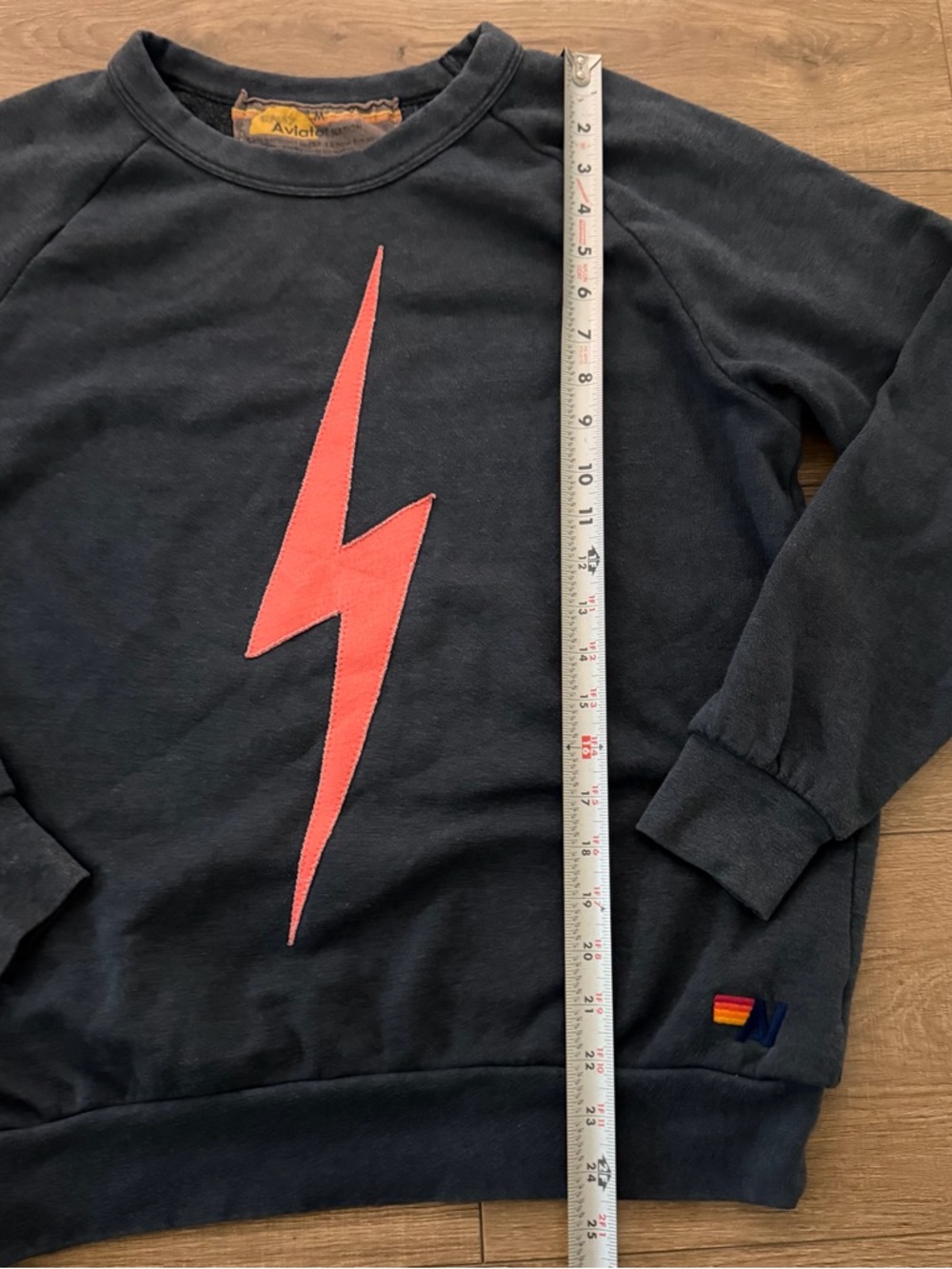 Aviator Nation Charcoal Sweatshirt with Coral Lightning Bolt & Rainbow Sleeve - Picture 7 of 12